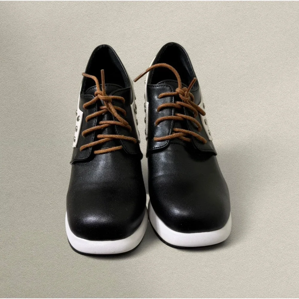 Japanese Style Platform Oxford Heels Stud‎ Detail Lace Up Mod Black White Size 6